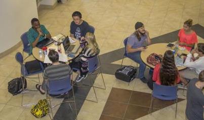 Overhead shot of student groups